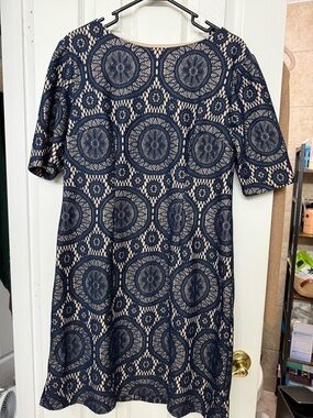 R&K Navy Lace Overlay Midi Dress with Beige Underlay